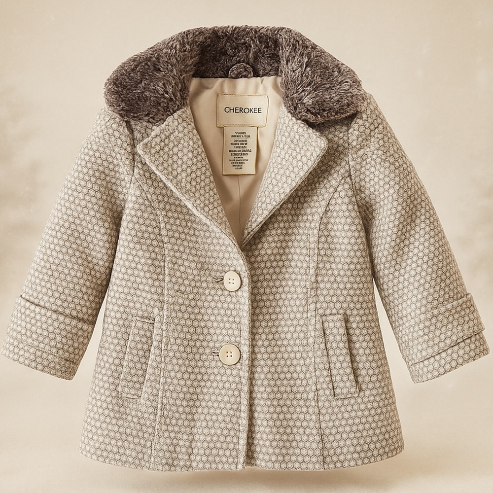 Cherokee Toddler Winter Coat 12M Faux Fur Collar Gray Neutral